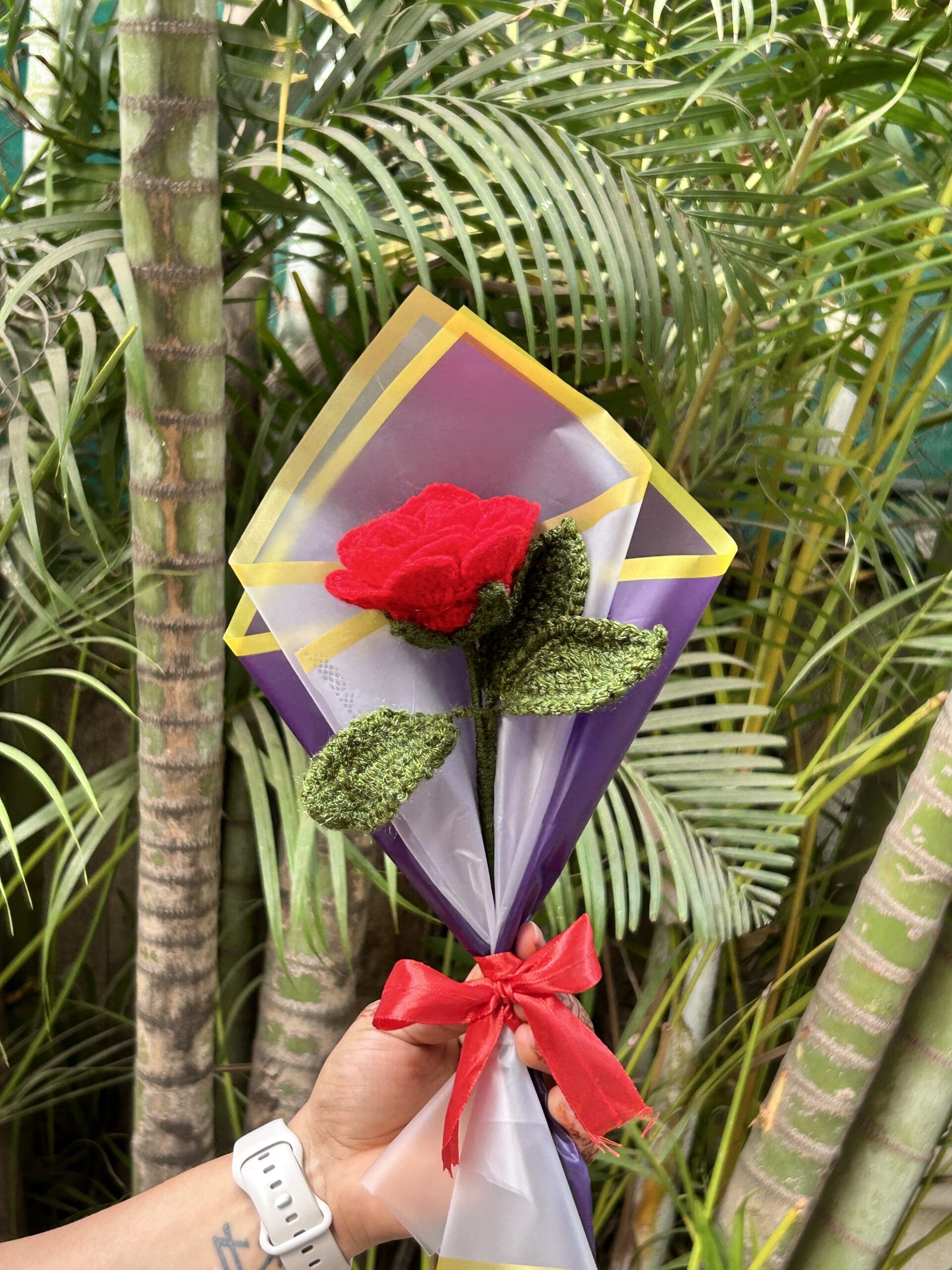 Handcrafted Crochet Single Rose Bouquet - 3 Purple